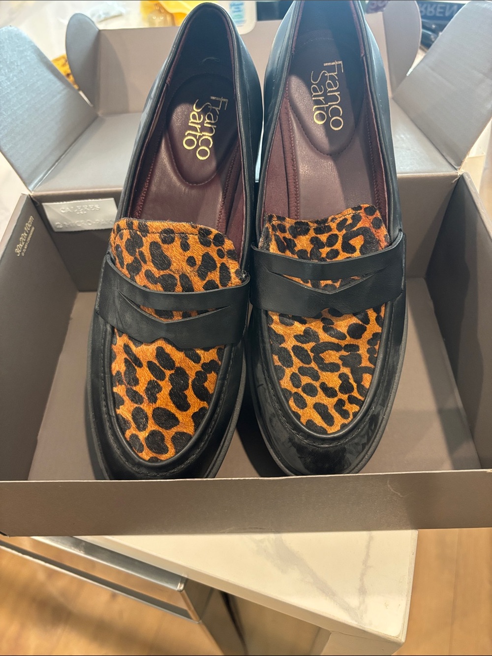 Franco Sarto Black Leather Loafers with Leopard Print Panels
